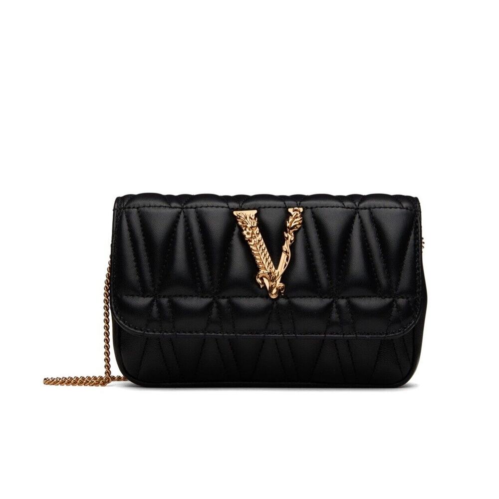 NWT Versace Virtus Mini Black Quilted Leather Crossbody Bag with Gold Chain